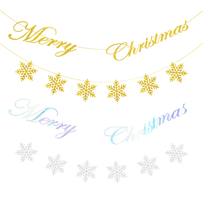 

1/2pcs Merry Christmas Letter Banner Silver Golden Snowflake Garland 2024 Happy New Year Pull Flag DIY Home Decoration Ornaments