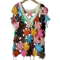 Handmade Crochet Floral v-neck Vest 2024 Women Niche Design Chic Hollow-out Colorful Sweater Outfit  Women Clothes