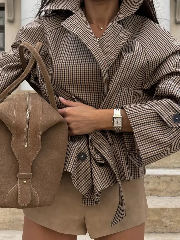 Ladies Autumn Winter Women Trendy Plaid Short Jacket Double Breasted Belt Pockets Jacket Outfits Streetwear Trench Coat Female