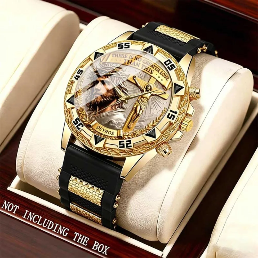 Personalized Jesus Christ Christian Cross Leisure Quartz Watch Plastic Watchband Large Dial Mens Wristwatch