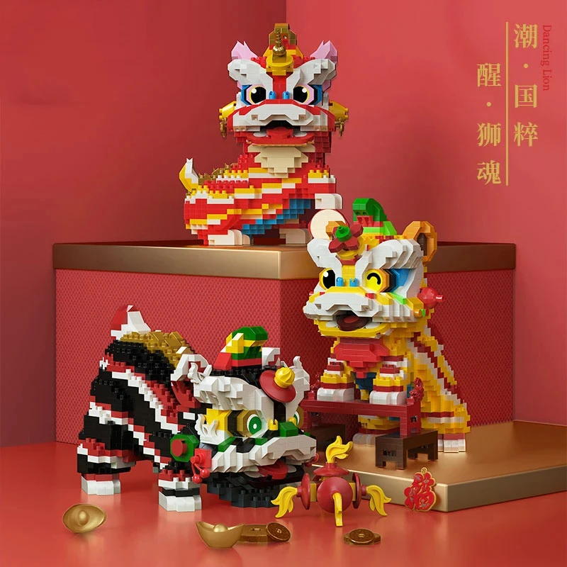 Chinese Lion Dance Building Blocks New Year Spring Festival Gift Creative Desktop Decoration Educational DIY Bricks Toys For Kid