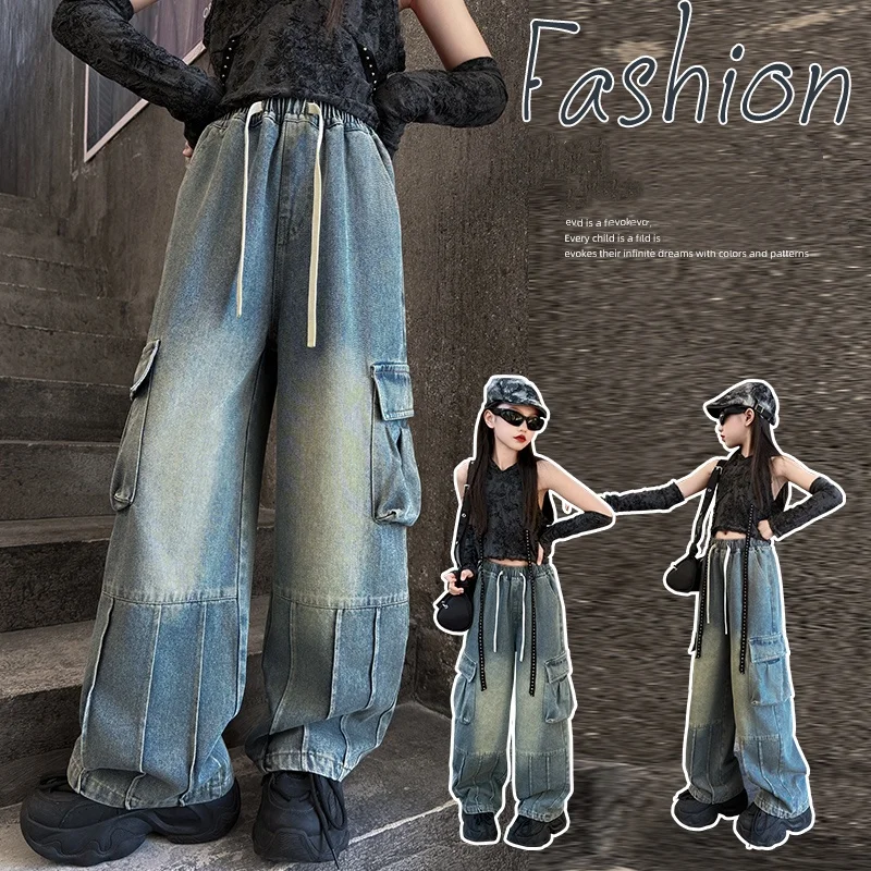 

Girl Jeans Ages 4-14Y Child Cargo Pants Tween Girls Denim Students Spring Autumn Fashion Long Trousers Toddler Loose Blue Jeans
