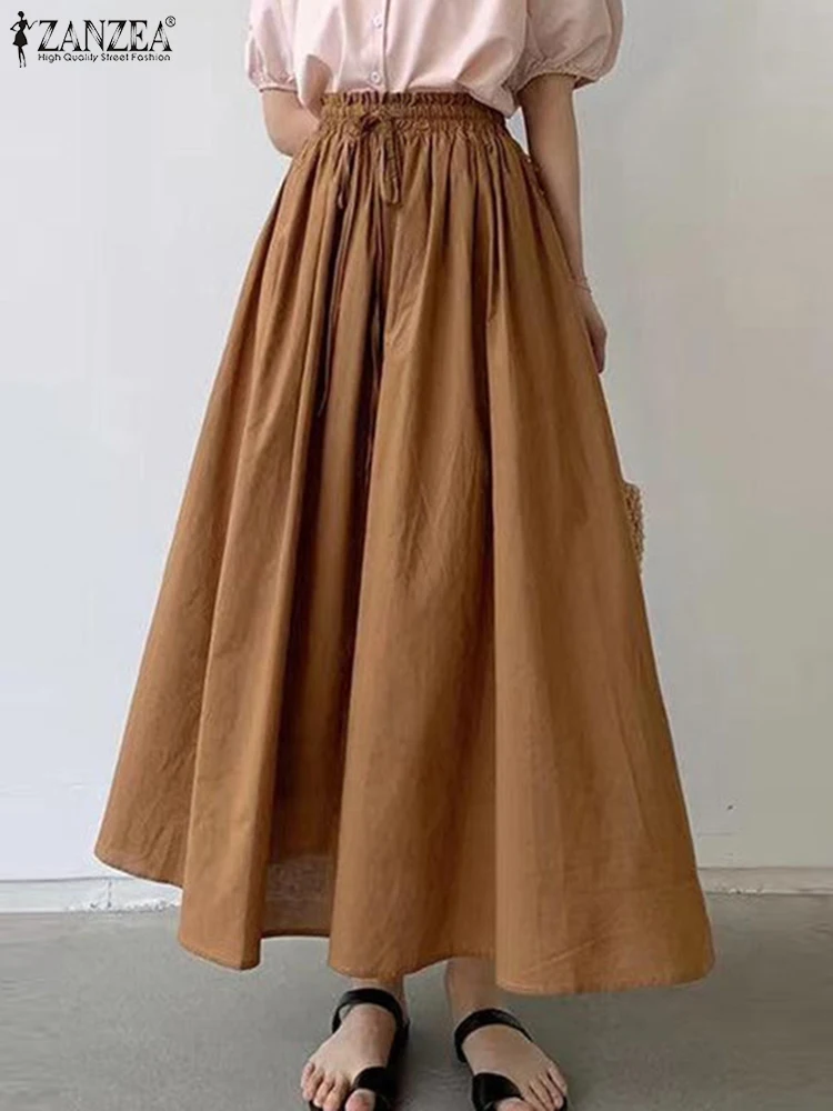 

ZANZEA Women Elastic Waist Long Faldas Autumn Solid Color Skirt Fashion 2024 Casual Loose Swing Jupes Korean Lace-up Overskirts