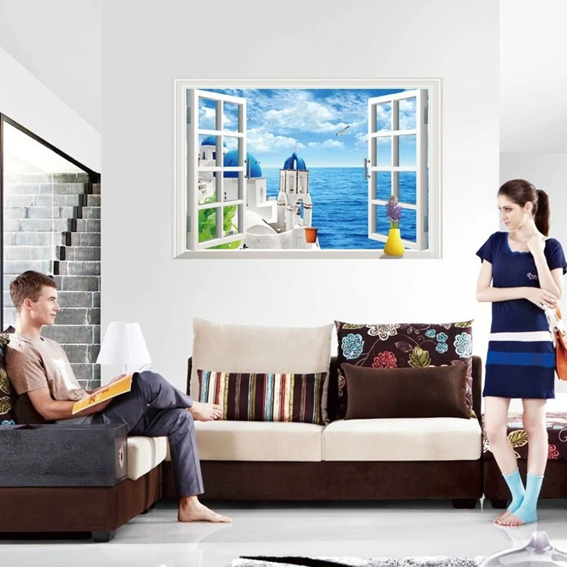 Aegean Sea View Mural Removable for Home Decoration Beautify Room Larger Window Art Greece Santorini Scenery Vinyl Wall Stickers