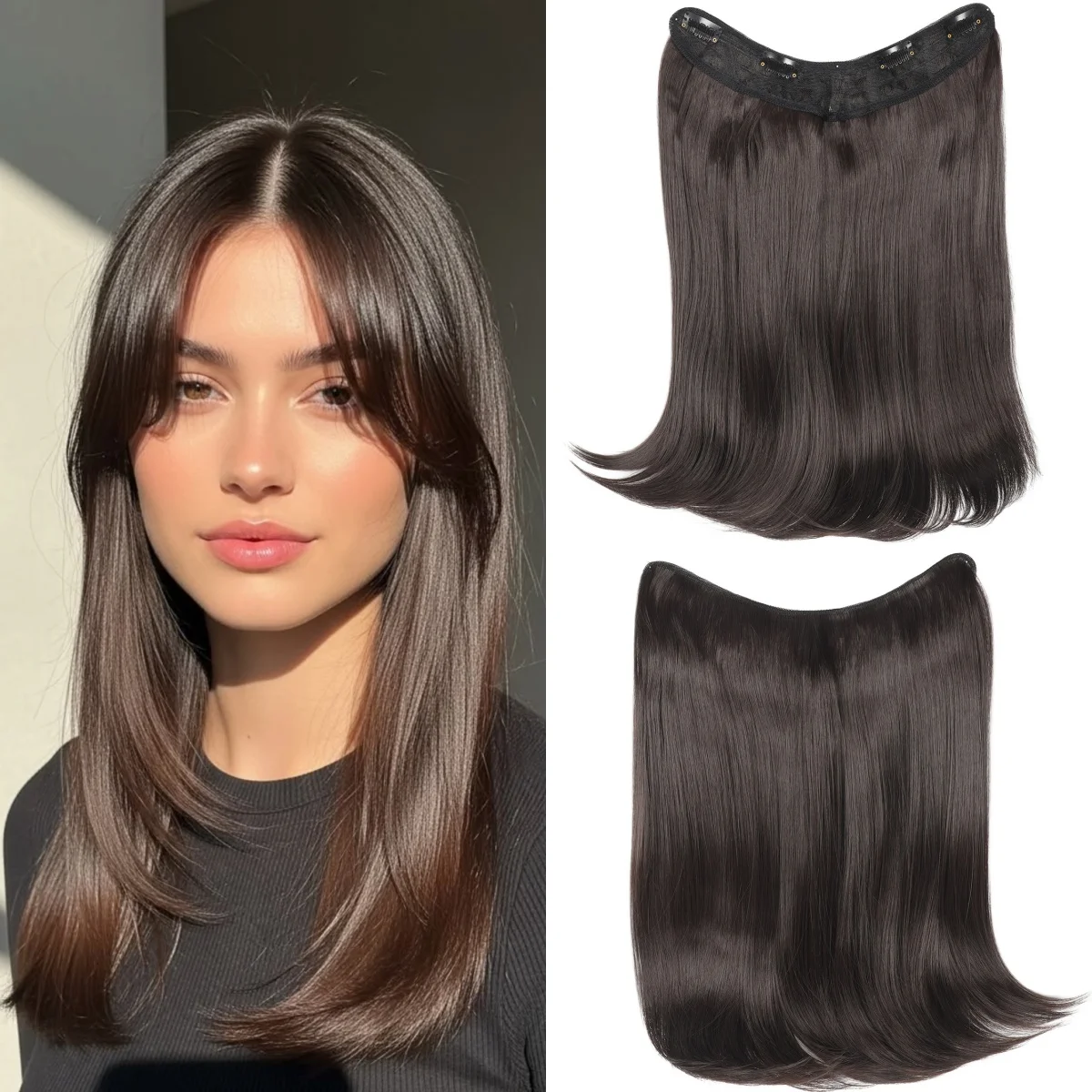 18Inch Synthetic V Long Curly Inner Buckle Hair Extension Black Brown Hairpiece Wig One Piece Straight Hairpi for Women