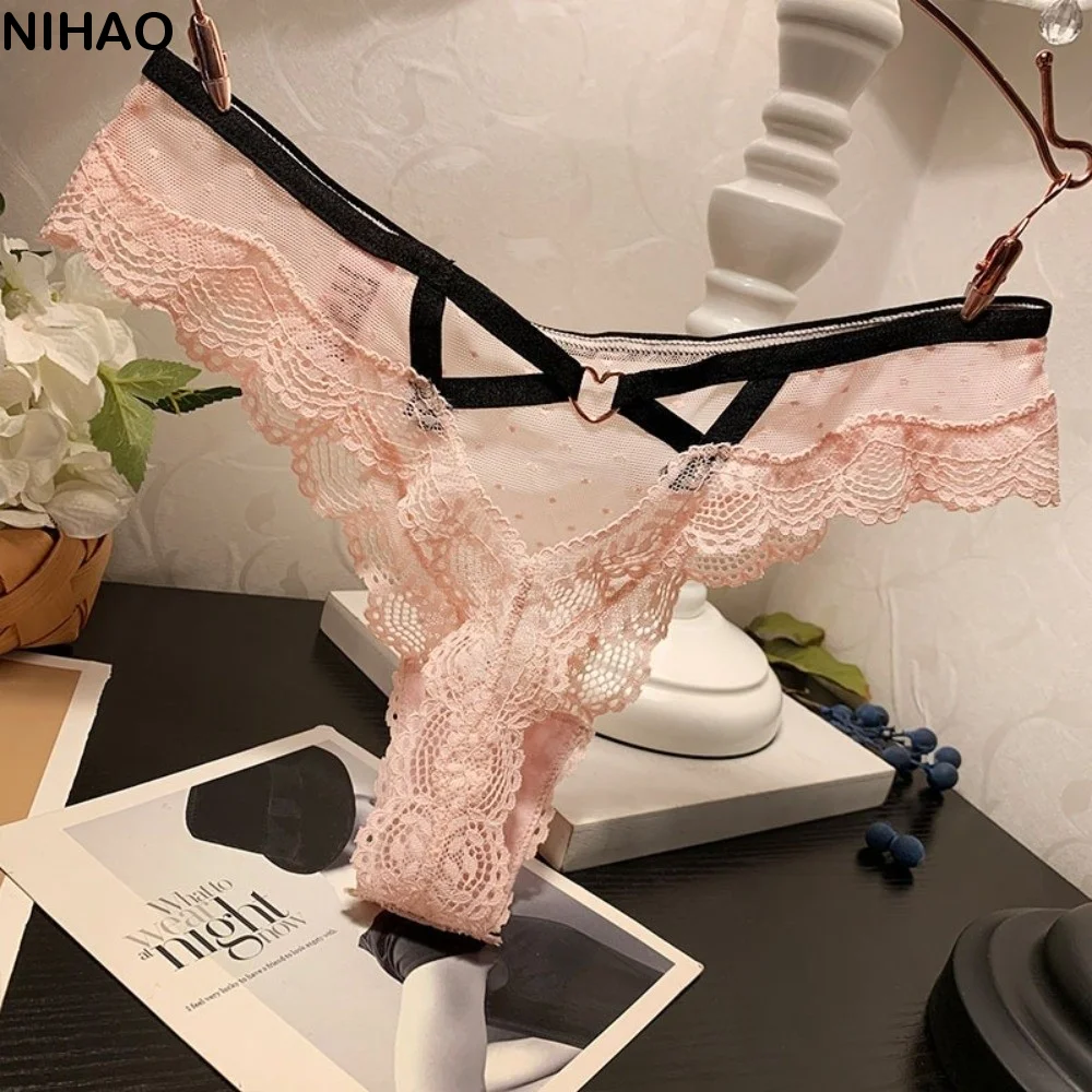 

Lingerie Low Waist Lace Panties Hollow Out Thong Underwear for Women Dots Transparent Mesh Lace Briefs Girl