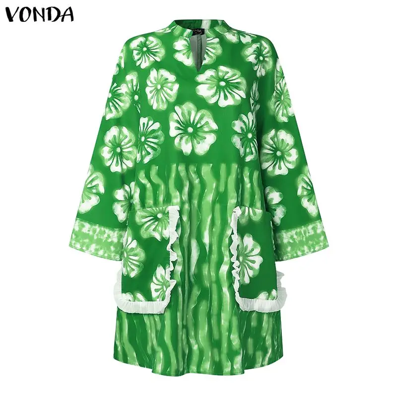 VONDA プラスサイズのドレス女性ボヘミアンミニ Vestidos 長袖花柄カジュアルサンドレスルーズポケットパーティーローブ 0XL-5XL