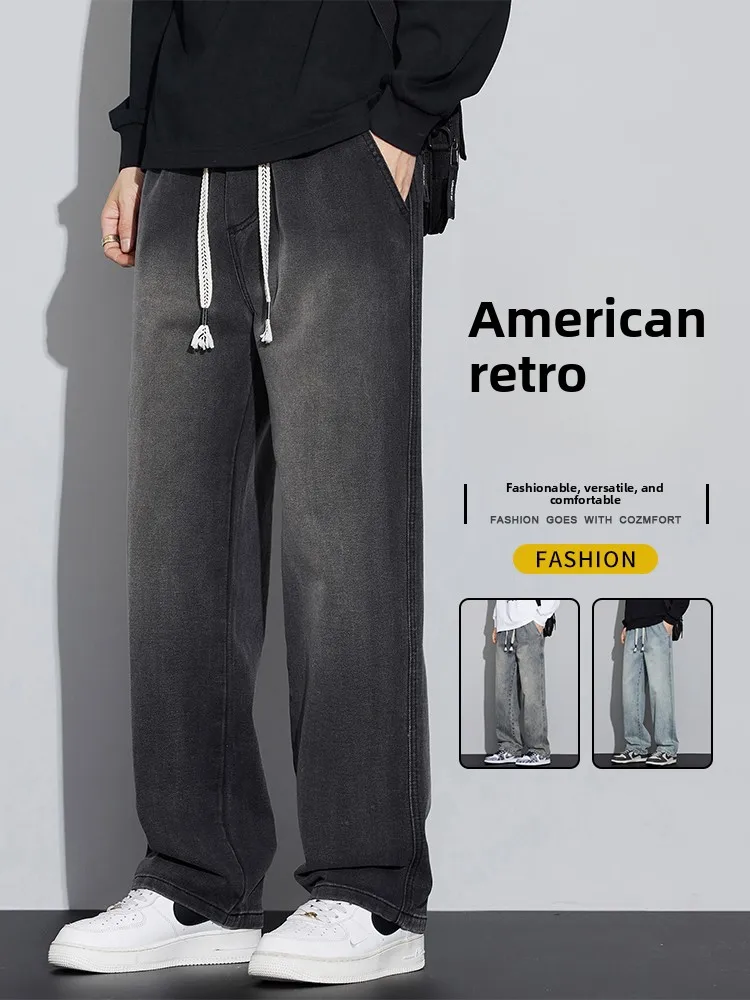 

Retro Men's Denim Jeans Autumn Loose Casual High Street Versatile Wide Leg Pants Youthful Trendy Cotton Polyester Blend
