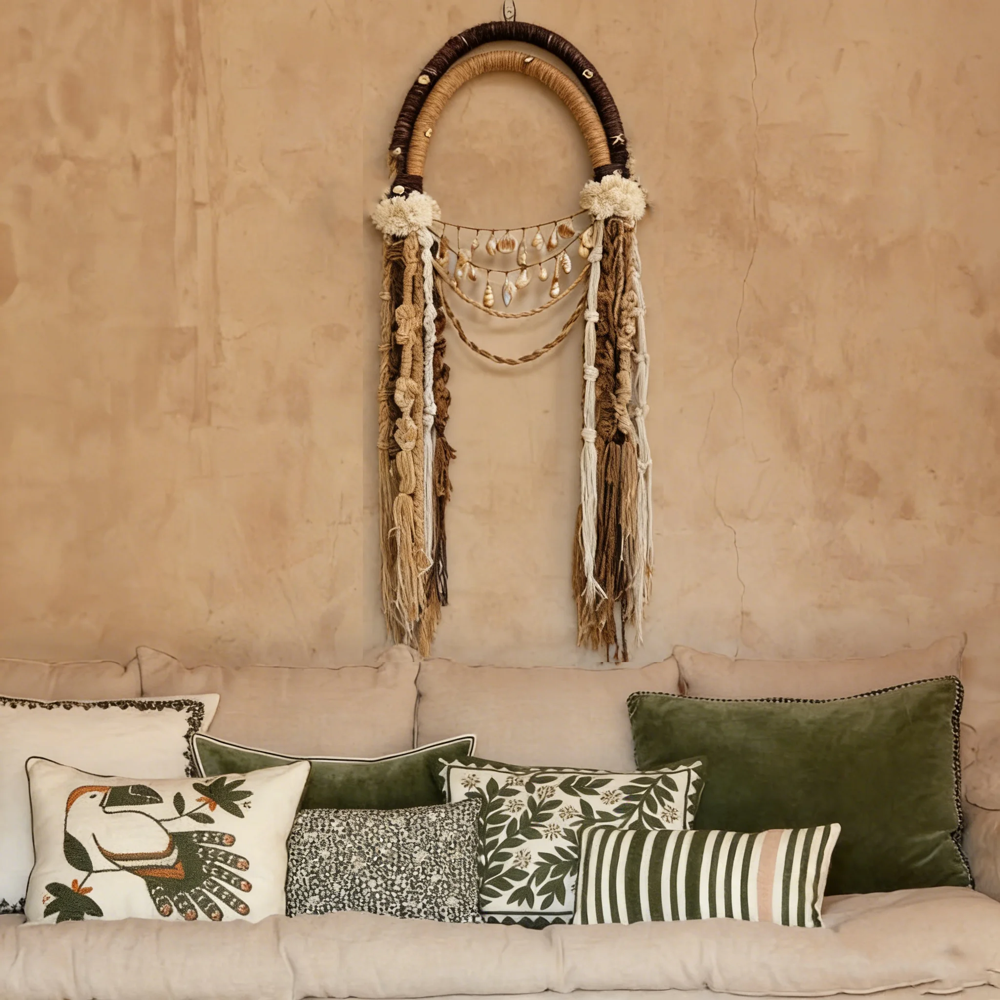 Bohemian Retro Shell Woven Hanging Natural Jute Arch Wall Decor Rustic Home Soft Furnishing Wall Ornament
