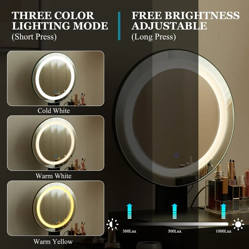 penteadeira de maquiagem iluminada com luzes ajustáveis de 3 cores e tomada de energia integrada