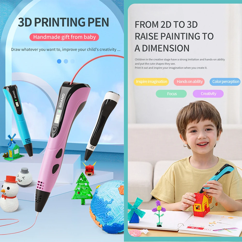 2025 3D-pennenset voor kinderen 3D-printpen met LED-scherm 100M PLA-stroomadapter Reisdoos Kerstverjaardagscadeau voor kinderen