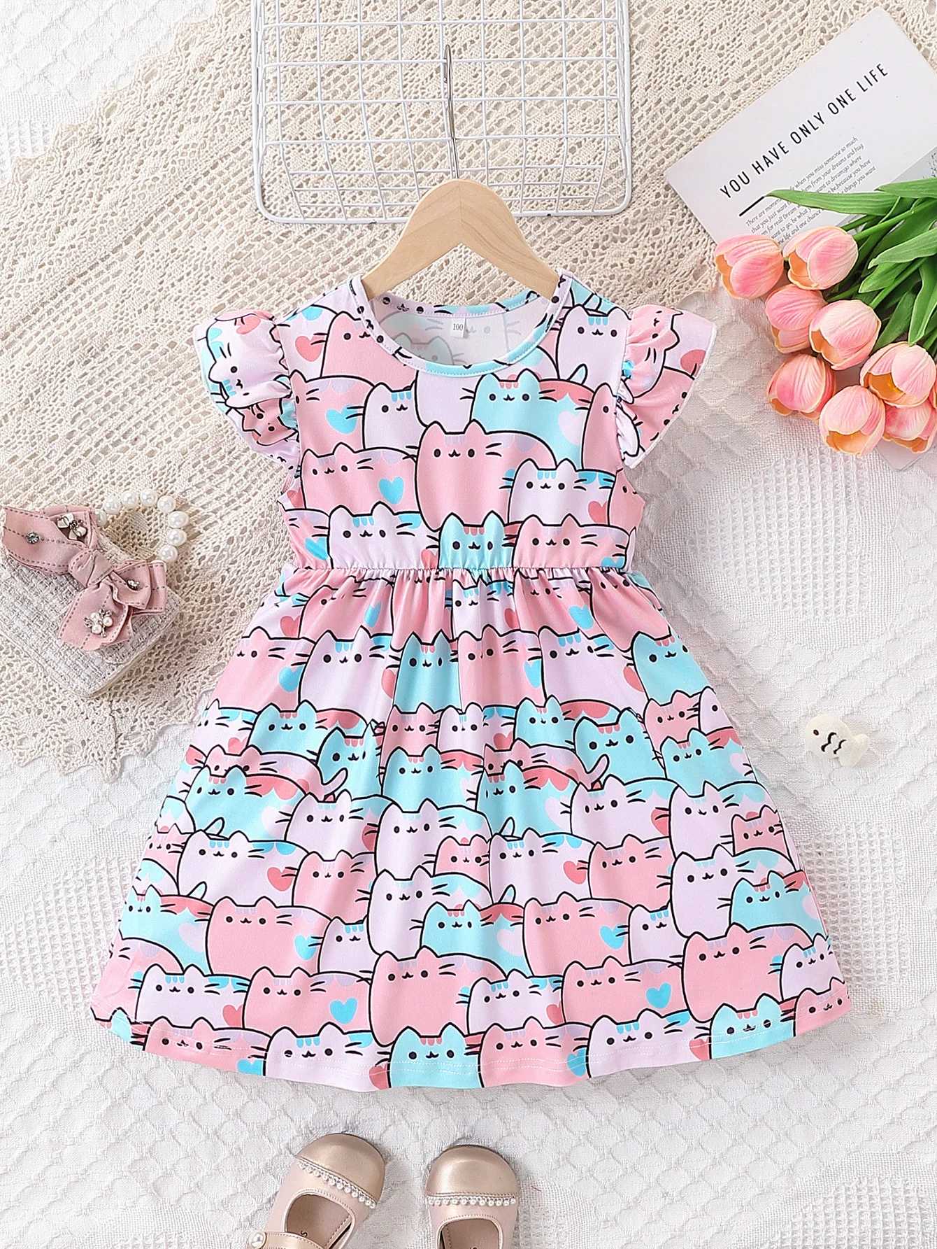 

Girls' Summer Dress Casual Everyday Cat Print Flutter Sleeve Knee-Length Dress Little Girl Summer Comfortable Outdoor Clothing