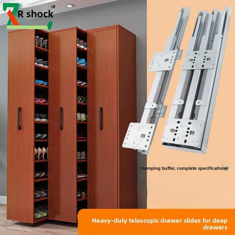 Heavy Duty Three Section Cabinet Drawer Slides Hydraulic Soft Close Zinc-Plated Steel Rails Mm Length Options Extension Deep
