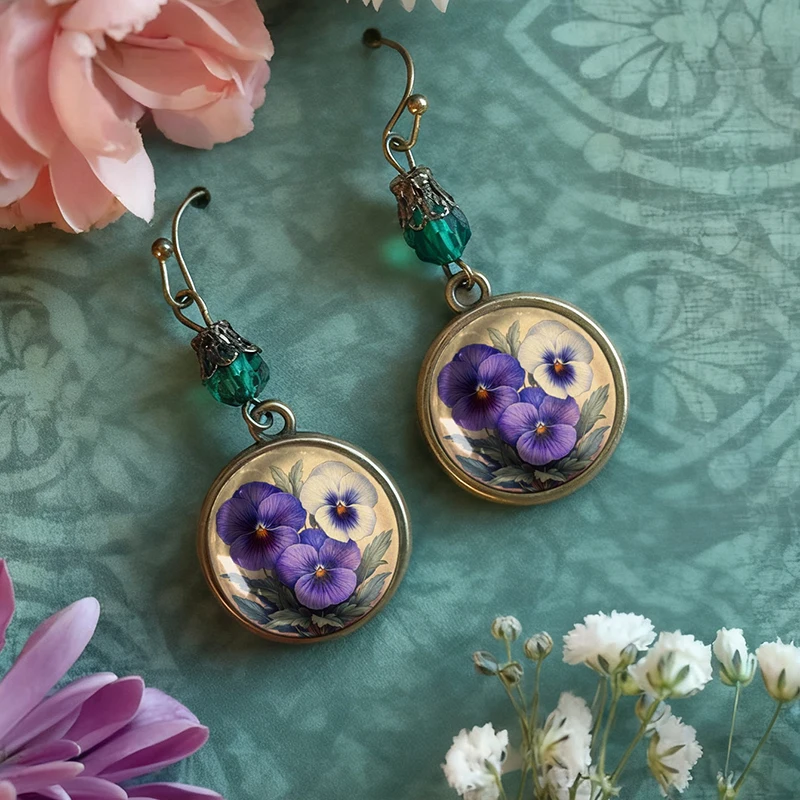 Vintage Green Bead Purple And White Flower Glass Dangle Bronze Earrings For Women Jewelry Accessories