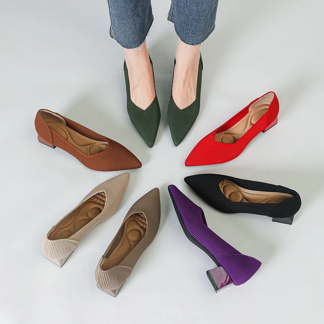 2025 New Women's High Heels Large 42/43 Fashion Pointed Anti slip Rubber Bottom Knitted Breathable Shoes