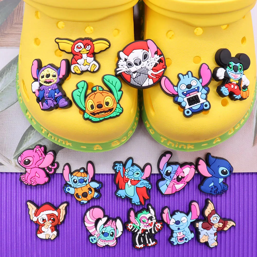 1-16Pcs Stitch Angel Free Hugs Children Shoe Charms Buckle Clog PVC Cartoon Designer Decoration Fit Wristbandcute