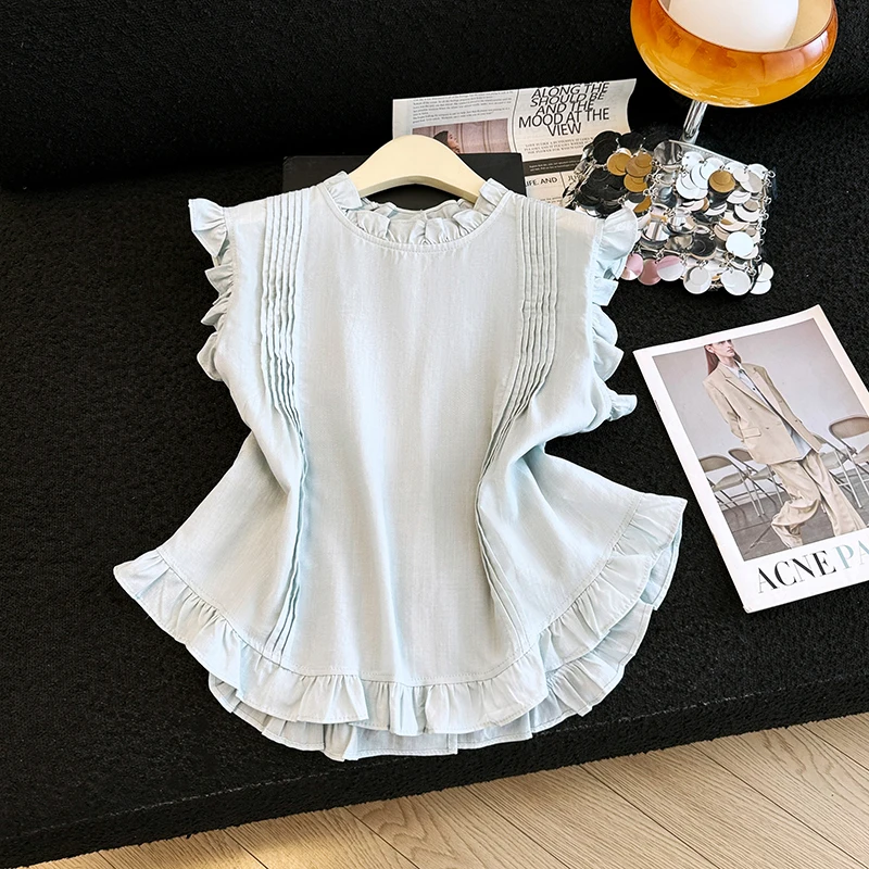 

Slim Fit Women's Summer Shirt Thin Material Sleeveless Wooden Design Breathable Korean Style Cotton Polyester Blend
