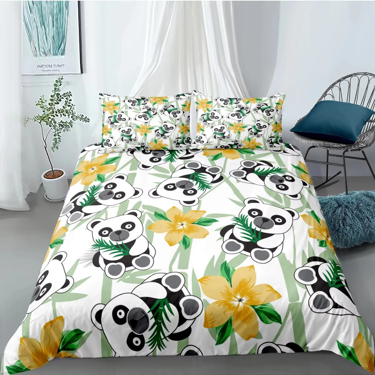 Cute Cartoon Panda Duvet Cover Bamboo Bedding Set Black White Bear Comforter Cover Queen Twin for Boys Girls Teens Bedroom Decor