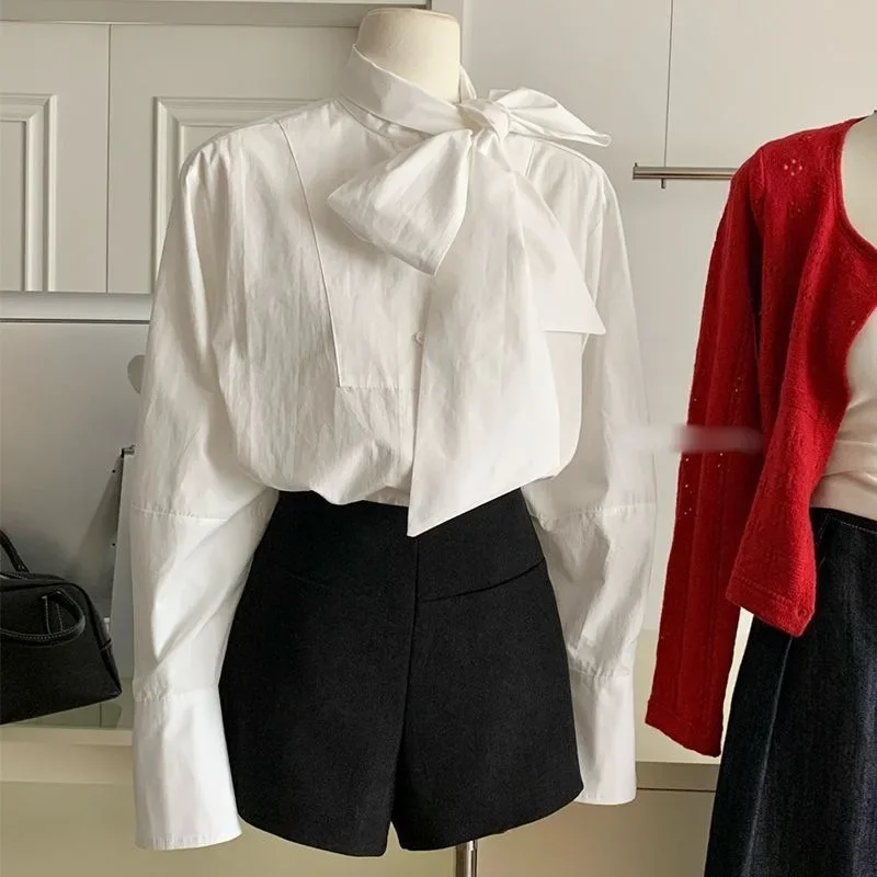 

British style design sense, white streamer bow shirt, women are thin, new in spring and autumn 2025