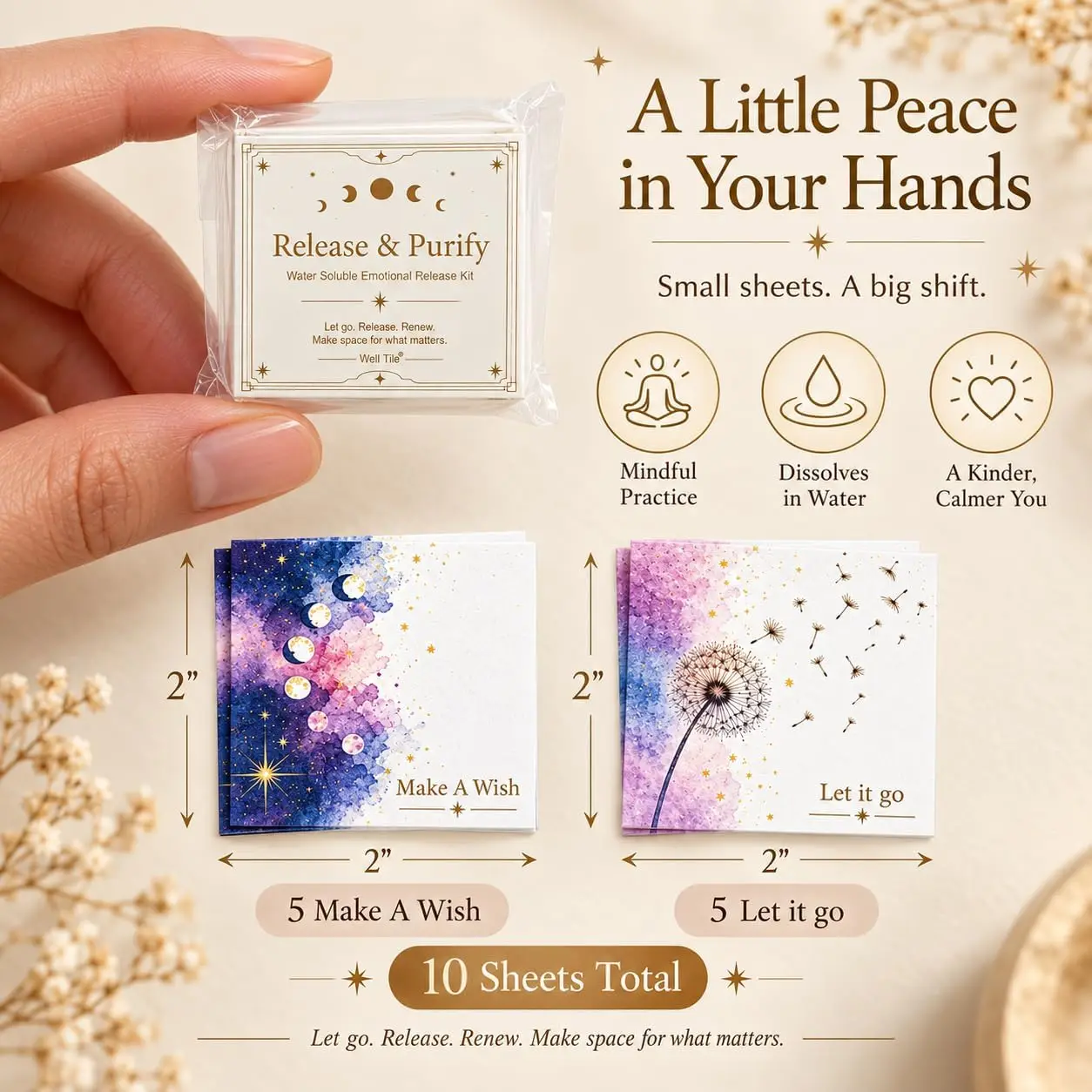 10 pcs Water Soluble Wish & Let Go Paper Set for Mindfulness Meditation Self Care Dual Colorful Galaxy & Dandelion Designs