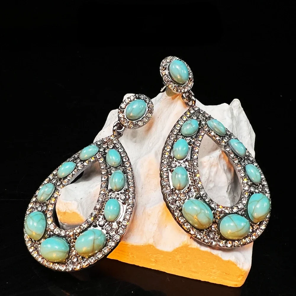 Original Jewelry Vintage Long Silver Color Blue Blossom Imitation Stone Turquoise Chandelier Dange Drop Earrings for Women INS