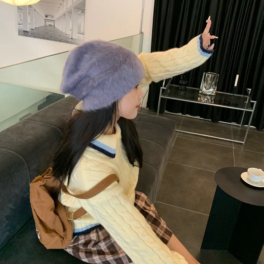 Simple Solid Color Slouchy Beanie Hat Rabbit Fur Y2k Winter Knitted Cap Ribbed Comfortable Ear Protection Skullcap Outdoors