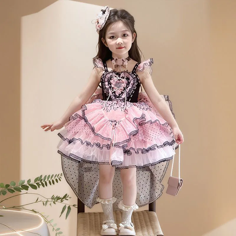 Summer Backless Lolita Ball Gown Girls Kids Sets Princess Pink Lace Layed Dress Birthday Party Childrens Gauze Clothing Sundress