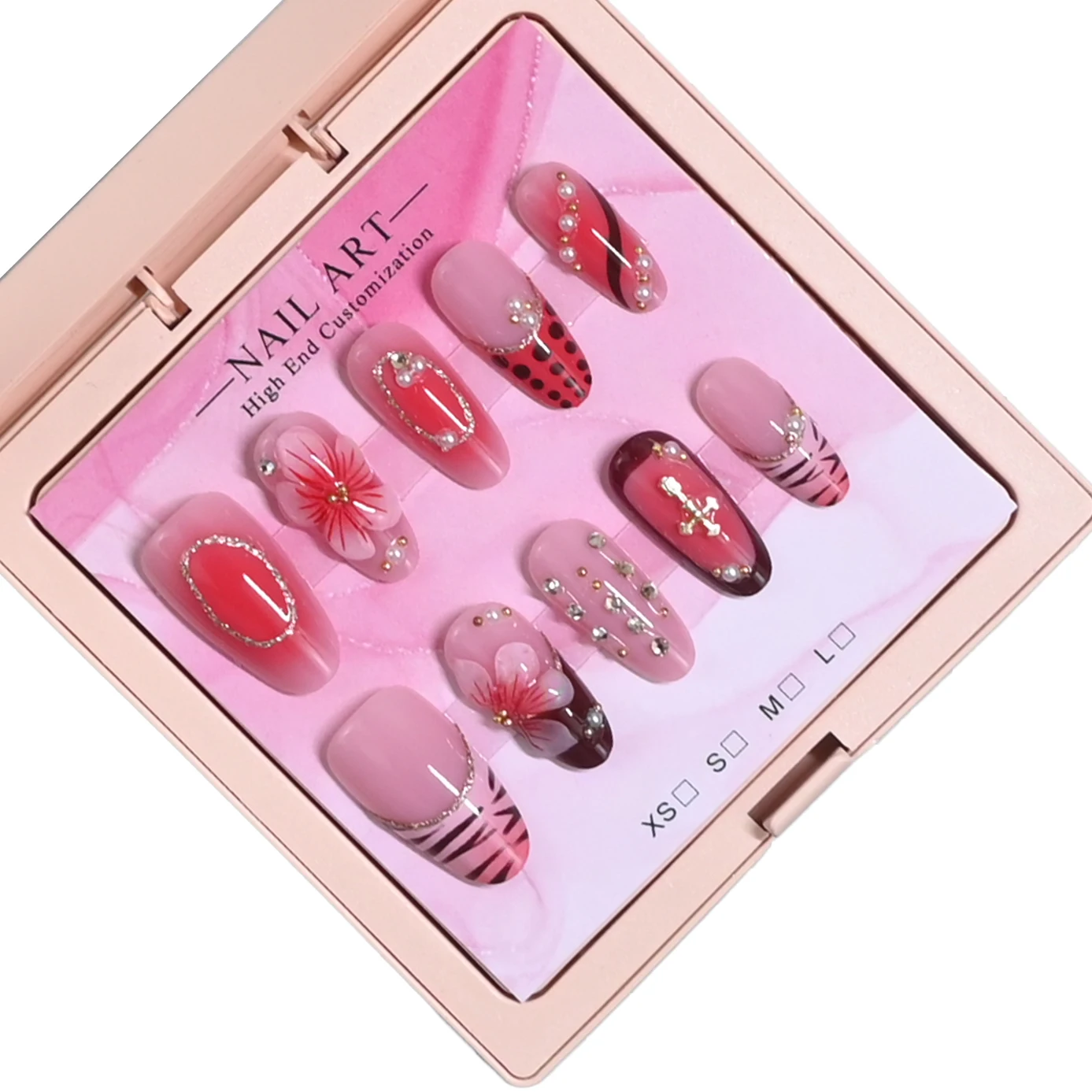 New arrival: 10 handmade medium almond press-on nails, exquisitely packaged. Pink gradient base with 3D cherry blossoms, polka d