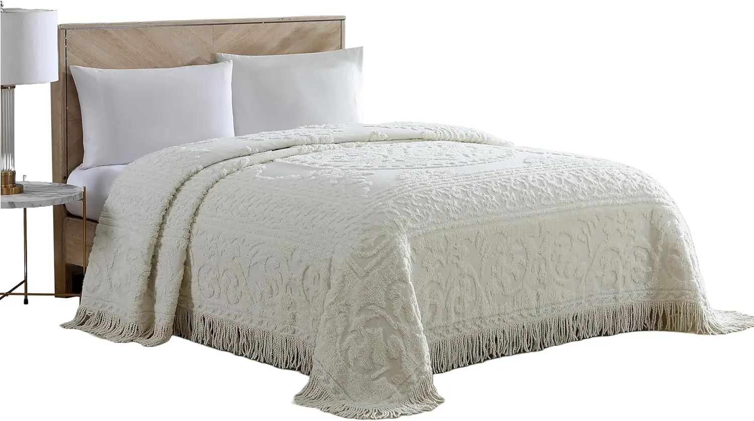 

Queen Ivory Chenille Bedspread with Medallion Design, Soft and Elegant for Home Decor