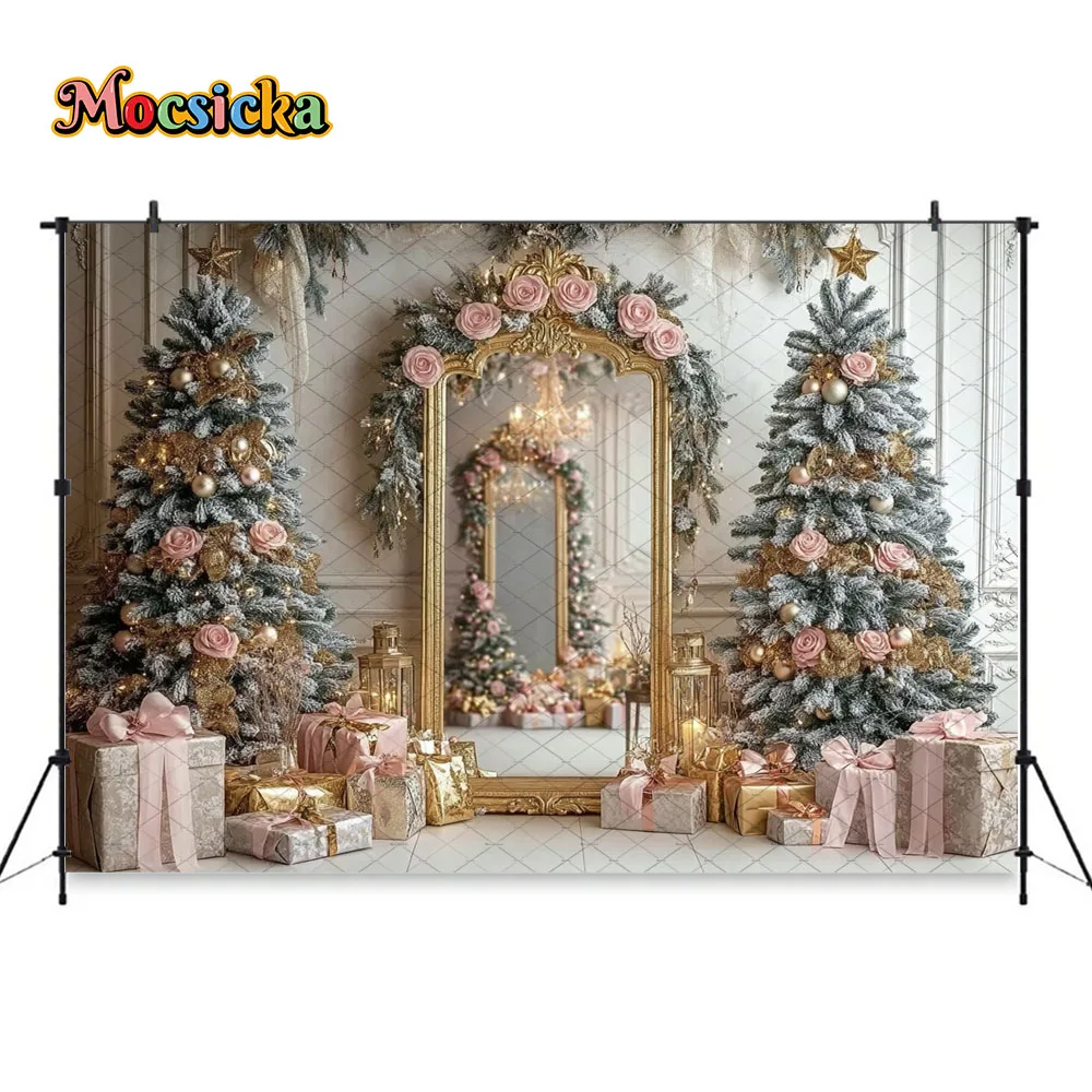 Mocsicka Золотая Рождественская фоторамка фон для фотосъемки рождественская елка подарок розовый цветок бант фон зимняя детская фотостудия для девочек