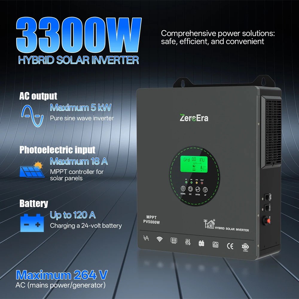 ZeroEra 3,3 kW Solar-Hybrid-Wechselrichter mit reiner Sinuswelle, 24 V auf 230 V, 50 Hz, batterieloser Betrieb, netzunabhängig/netzgekoppelt, integrierter 120-A-MPPT-Laderegler, App-Fernüberwachung