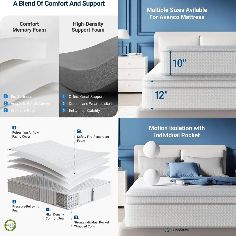 12 Twin Mattress - Medium Plush Hybrid with Pocketed Coils for Pressure Relief, CertiPUR-US Certified