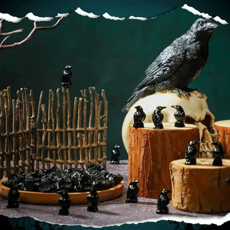 10Pcs Mini Resin Halloween Figurines Luminous Miniature Crows Black Raven Resin Crows Figures For House Halloween Scene Decor