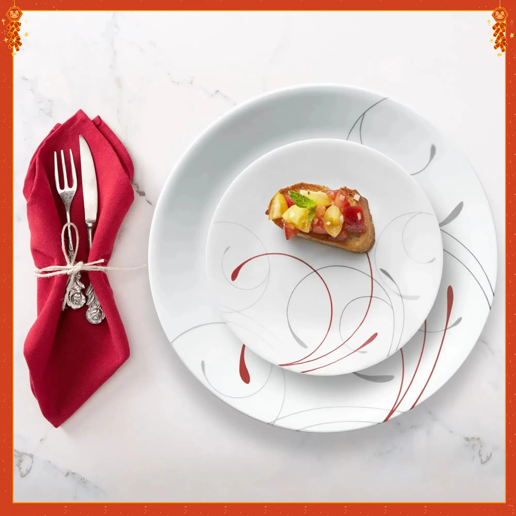 طقم أواني طعام كلاسيكية باللونين الأبيض والأحمر، أطباق وأوعية سيراميك مكونة من 12 قطعة. آمن للاستخدام في غسالة الأطباق، خدمة لـ 4 أشخاص، أدوات مائدة حديثة. #5