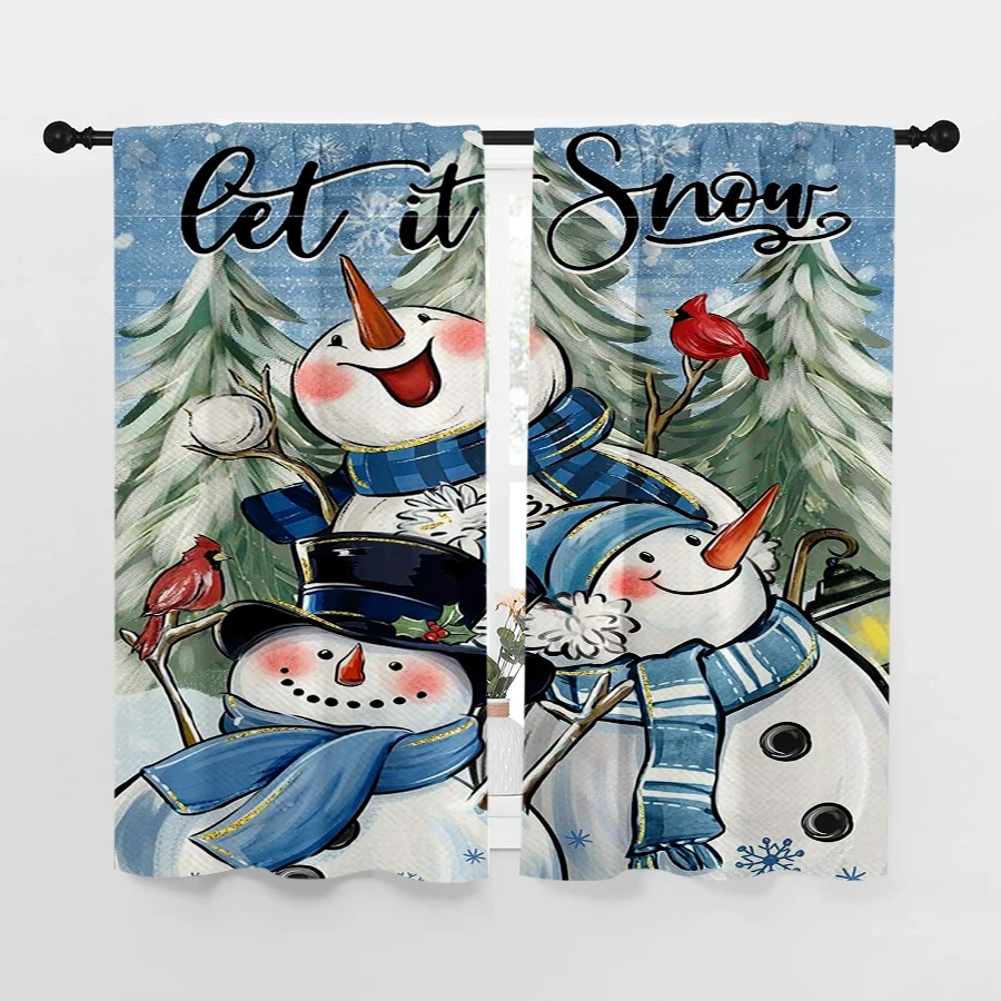 2PCS Christmas Winter Curtains, Three Snowmen, Digital Print, Bedroom Living Room Kitchen, Rod Pocket Polyester, Home Decor
