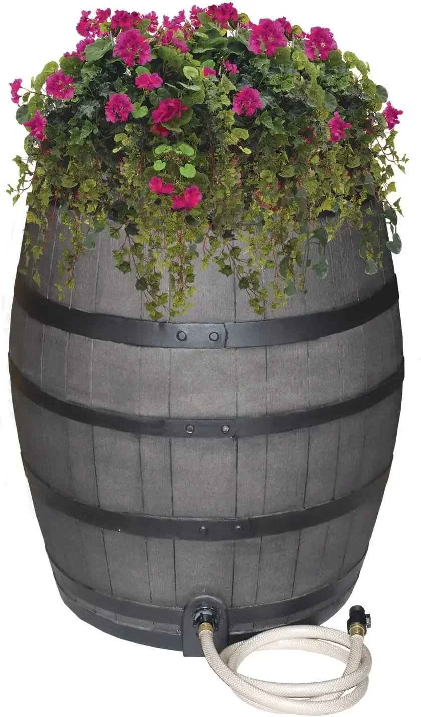 

2244-1 Rescue 50-Gallon Black Includes Planter, Water Diverter, Outlet Hose – Flatback Design 50 Gallon Whiskey rain Barrel,