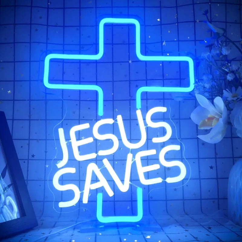 Imagem -03 - Cross Neon Signs Jesus Salva Led Wall Decor Regulável Sala de Estar Cristão Igreja Eventos Aniversário Natal 5v Usb Vermelho Azul