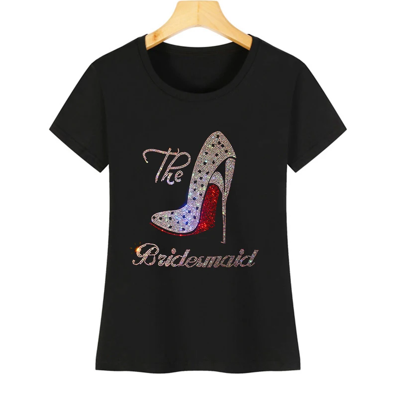 

Hot selling high heels, diamond drawings, short sleeves women's T-shirts, nail beads, hot drill, diamond printing, leisure ladie