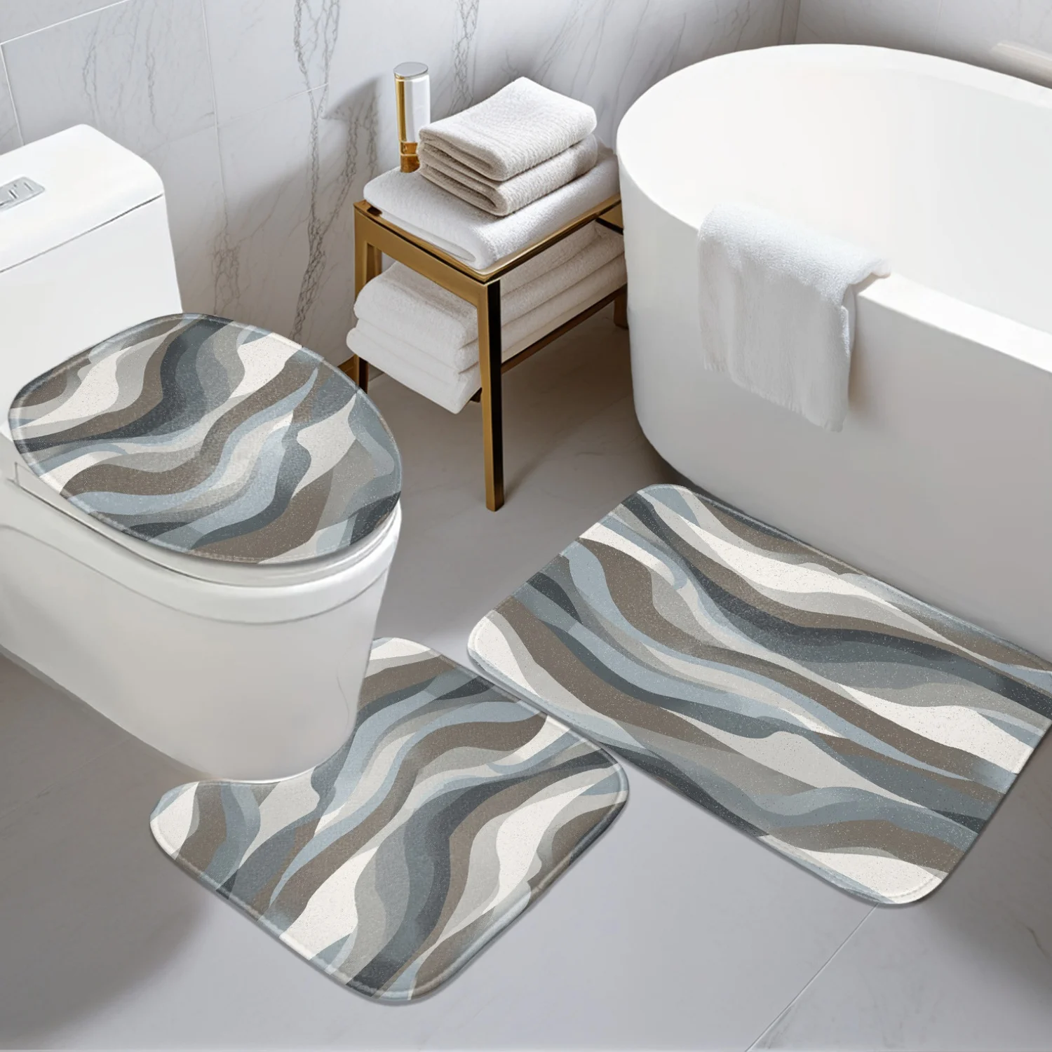 

Bathroom Anti-slip Mat -3pcs Set - Wave Texture 2D Flat Design Pattern - Digital Printing - Includes Anti-slip Mat, U-shaped Mat