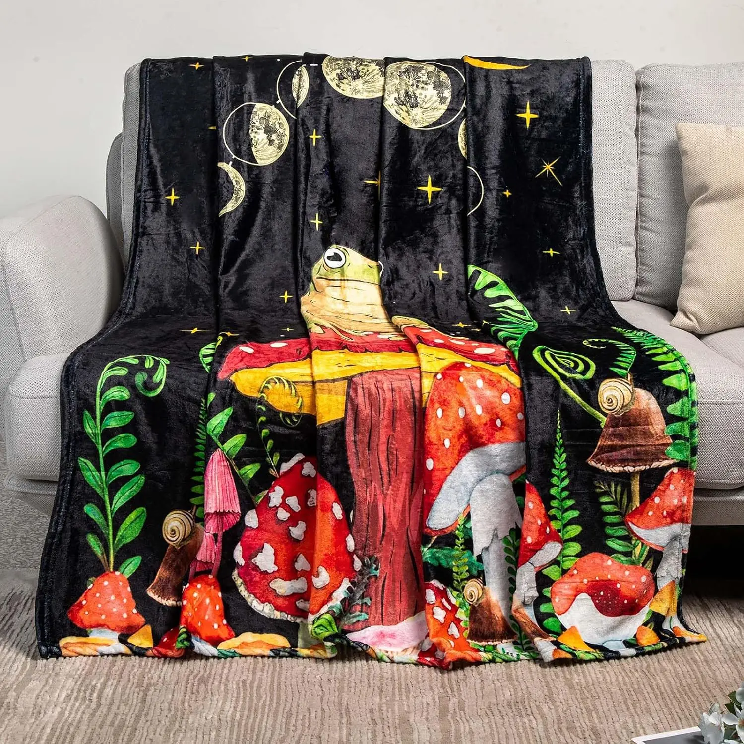 Mystical Forest Frog & Mushroom Flannel Blanket – Soft Plush Throw for Bed, Couch, Sofa & Chair