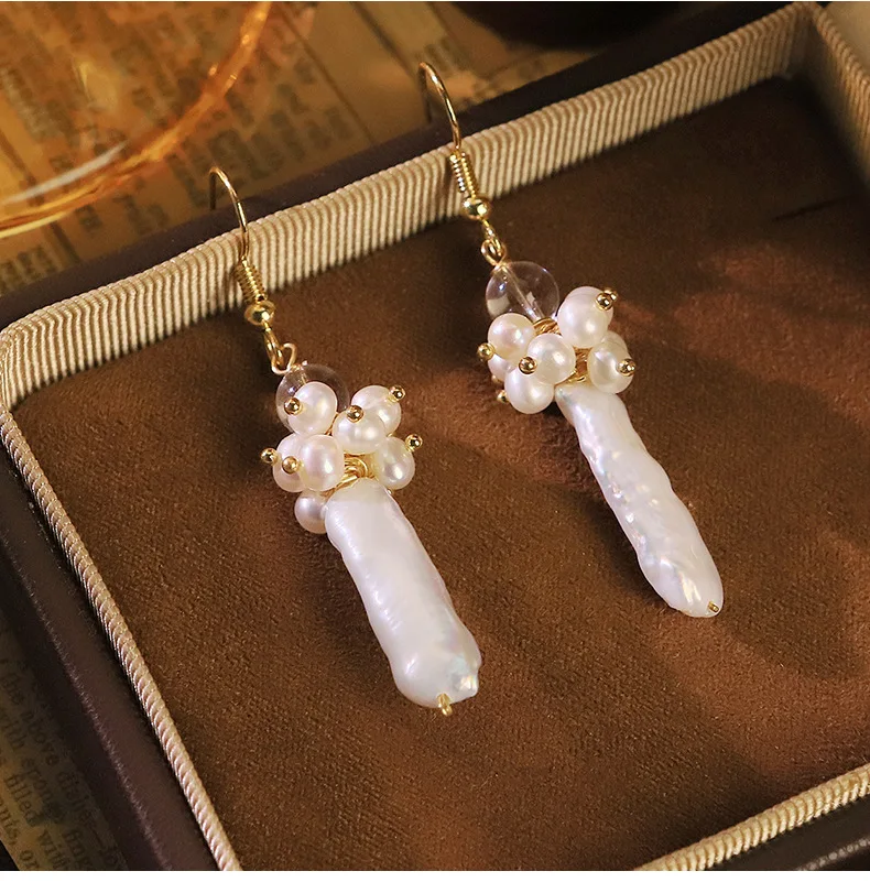 Retro Baroque Pearl Long Hook Earrings Ladies Clear Crystal Glass Bead Pendant Earrings Fashion Statement Ear Jewelry For Gift