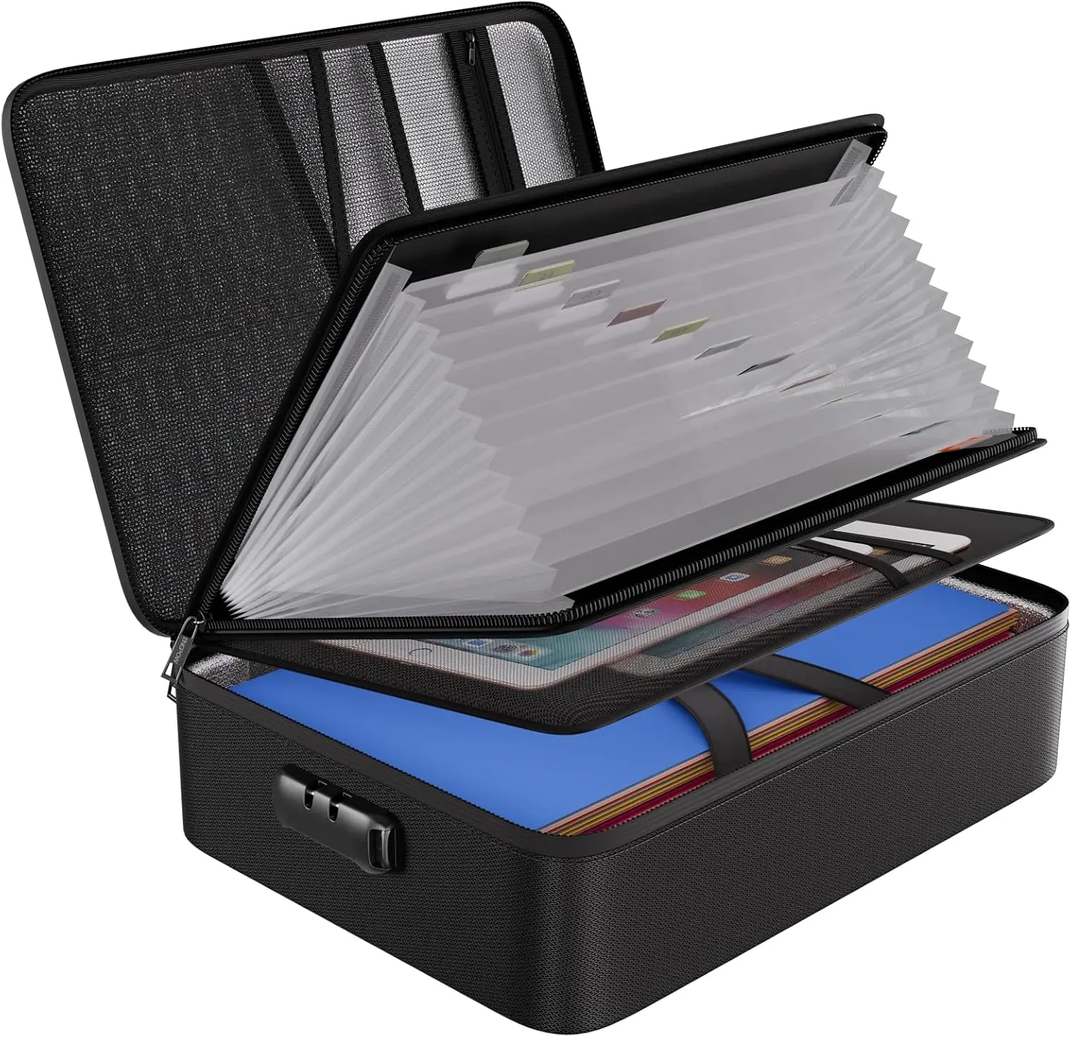 

Document organizer bag with 13 accordion-style pockets, fireproof document organizer box with lock and tags.