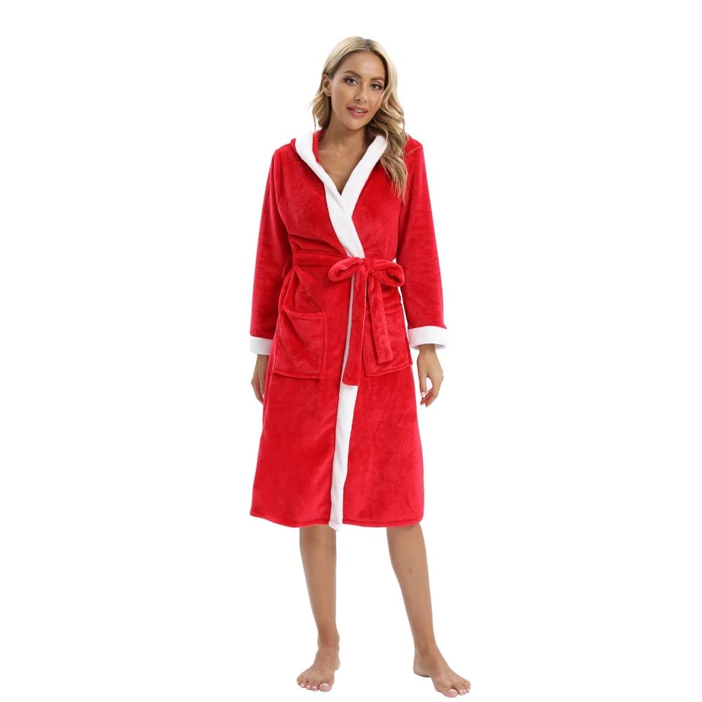 Bathrobes For Women Soft Flannel Robes With  Pocket Splicing Hooded Long Sleeve Thickening Bandage Home Clothes