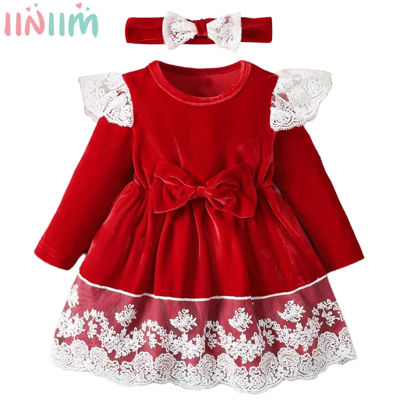 

Baby Girls Christmas Dress Ruffle Long Sleeve Lace Bowknot Velvet Princess Tutu Gown with Headwear for Birthday Party Wedding