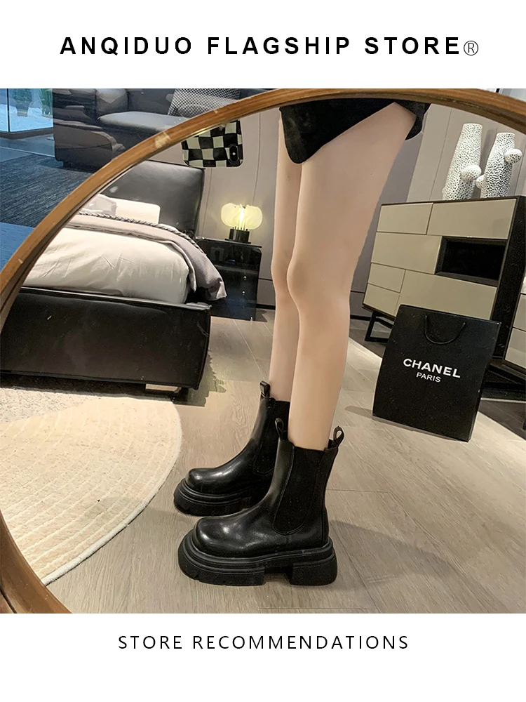 Buty na płaskiej platformie Buty damskie Jesienne buty damskie Okrągłe palce Chelsea Clogs Rock Ankle Ladies 2025 Lolita Med Rubber Slip-On Cot