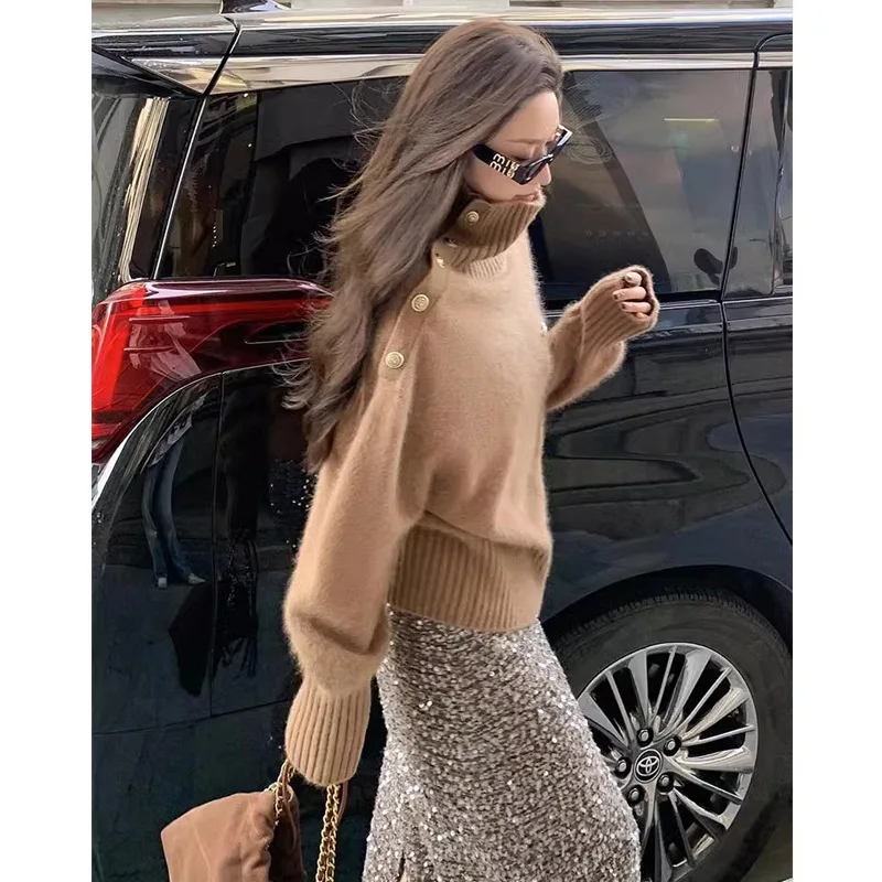 

2025 Winter New High Neck Elegant Versatile Soft Casual Coffee Color Sweater
