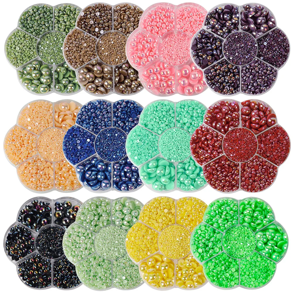 2300 pezzi/scatola oro argento bianco rosa beige perla decorazione nail art, scatola a forma di fiore, accessori di perle semicircolari per unghie fai da te