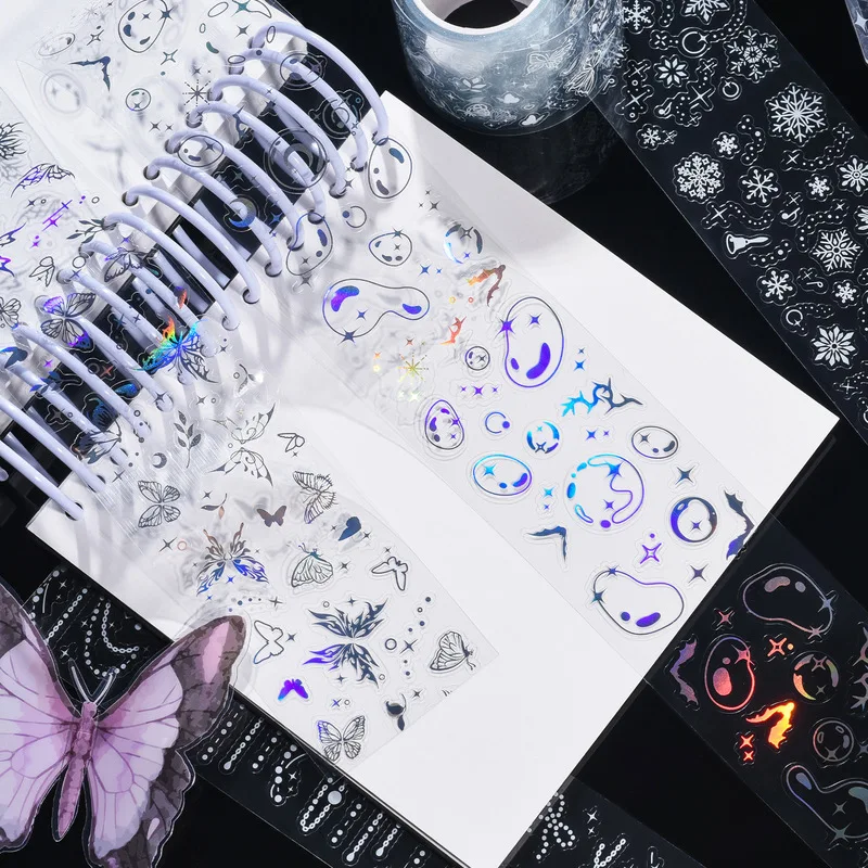 12 أنماط مرآة مزدوجة سلسلة الحيوانات الأليفة يموت قطع ملصق أشرطة الليزر الساخن تحجيم الفضة الأبيض شريط حبر ملصقات المواد الزخرفية