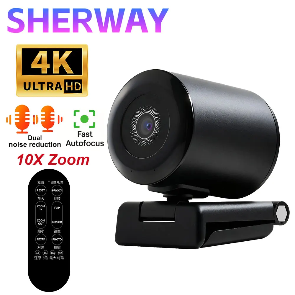 

4K Webcam Pro Living Streaming USB Web Camera with Remote Dual Noise-Cancelling Mics AI Auto Focus 128° FOV HD Mini Video PC Cam