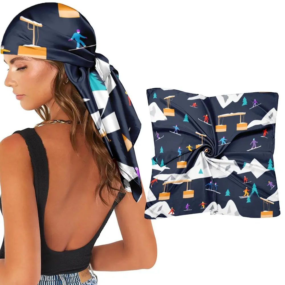 Vintage Alphabet Letter Pattern Silk Shawl 90*90cm Ladies Elegant Head Wrap Casual Party Travel Neck Scarf Bandana